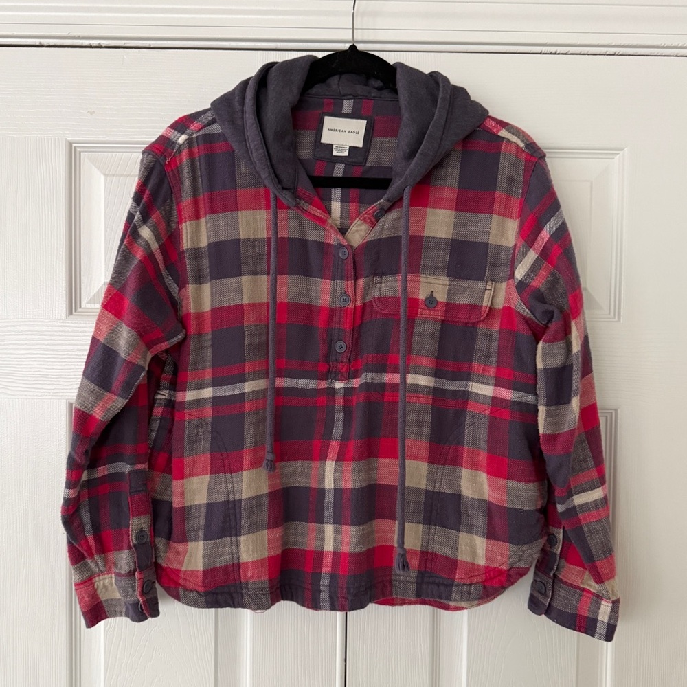 American Eagle hooded plaid flannel henley top, size XS